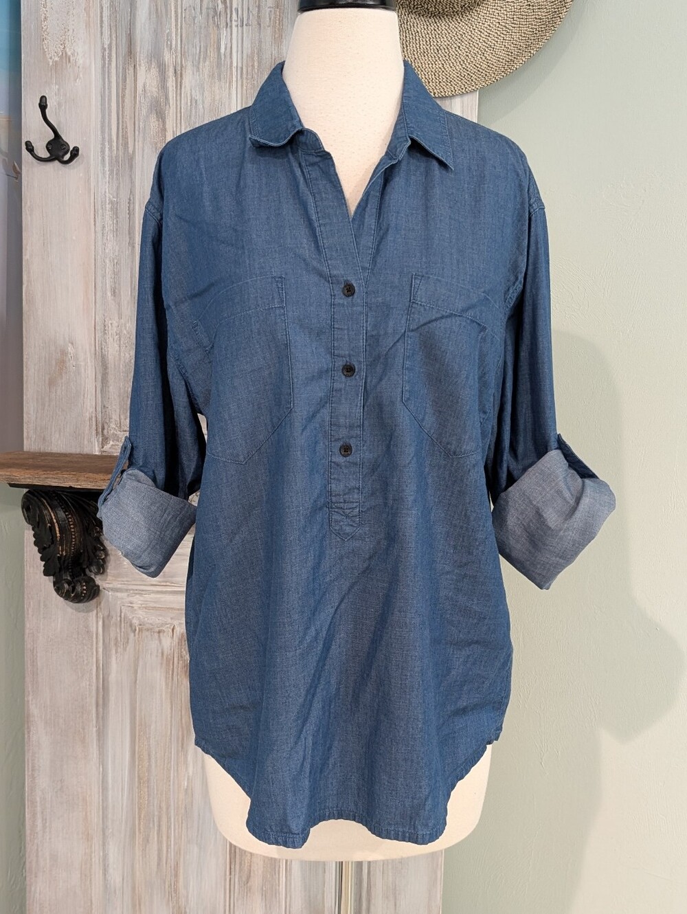 DKNY Blue Chambray Button-Up Top